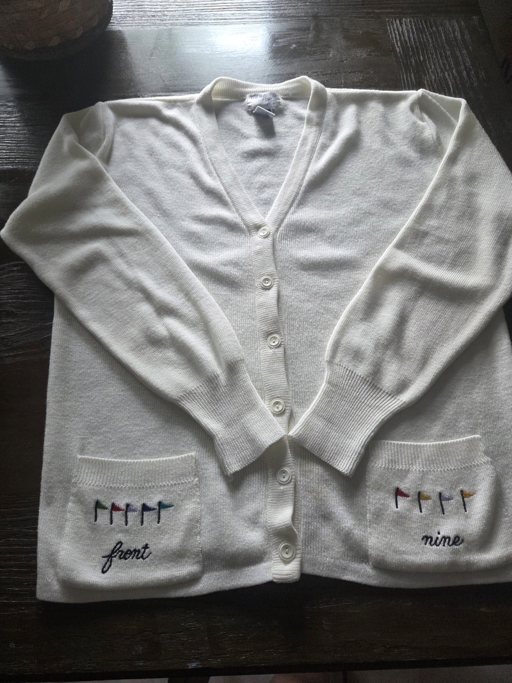 Women’s  Golf Themed Cream Button-Front Cardigan with Embroidered Pocket Detail